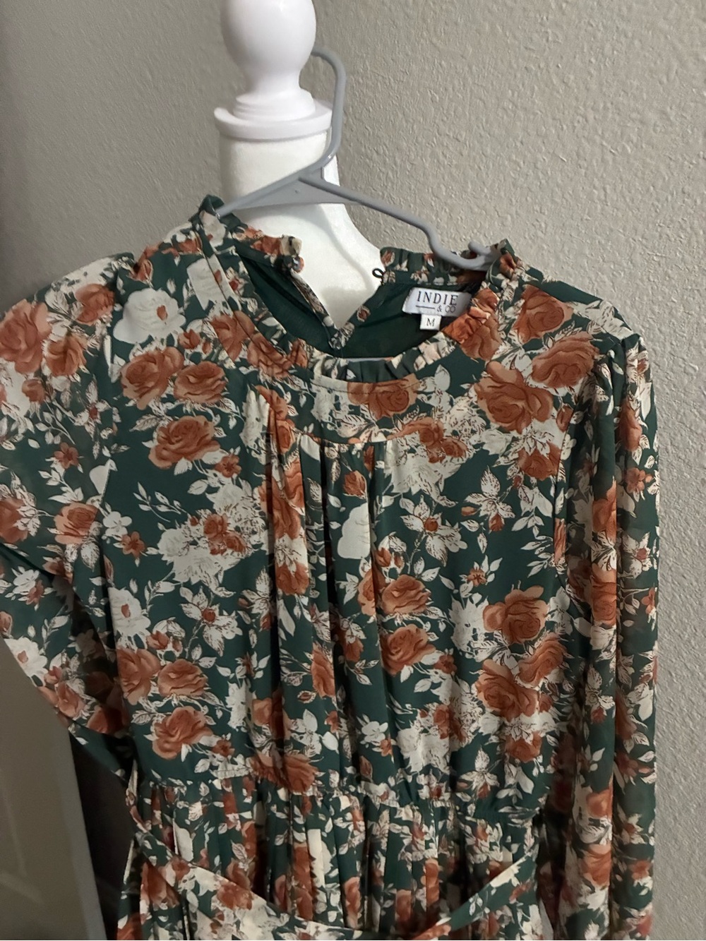 Long-Sleeve Floral Midi Dress in Olive and Rust- NWOT - Picture 5 of 7
